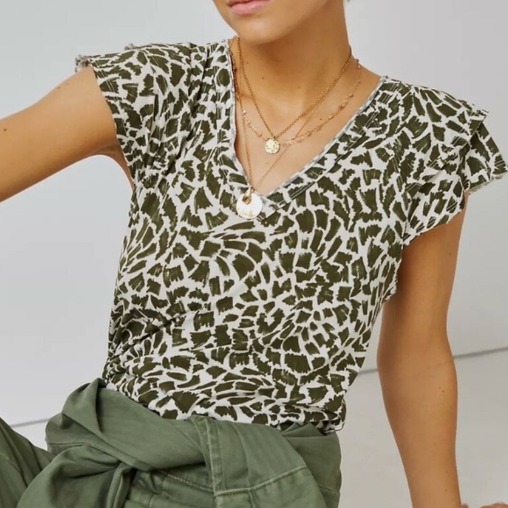 Maeve Anthropologie Green & White‎ Ruffled Cap Sleeve Organic Cotton Top Size S